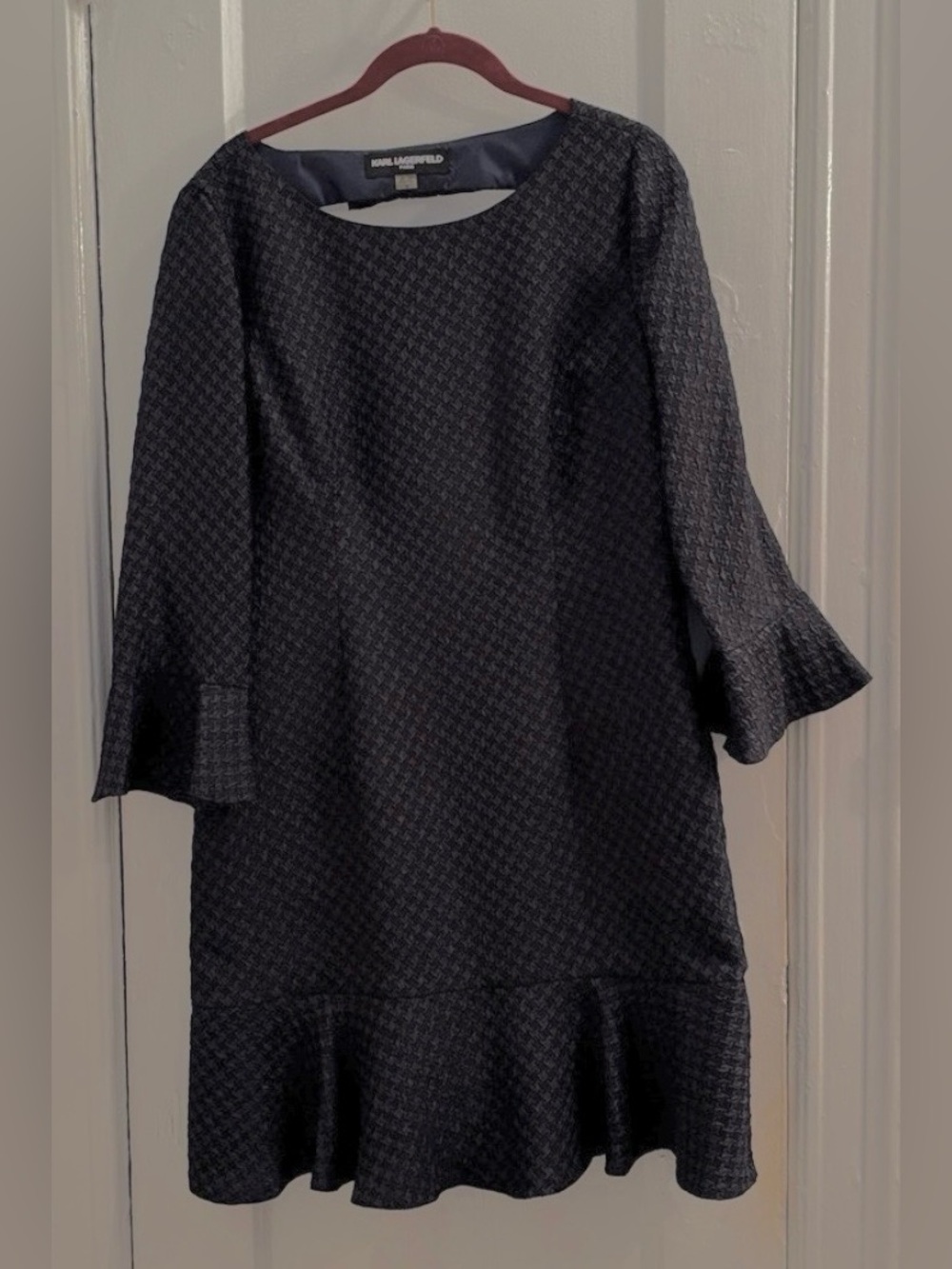 ⬛️ Karl Lagerfeld Navy Blue Geometric Ruffle Bell Sleeve Cocktail Dress Size 10
